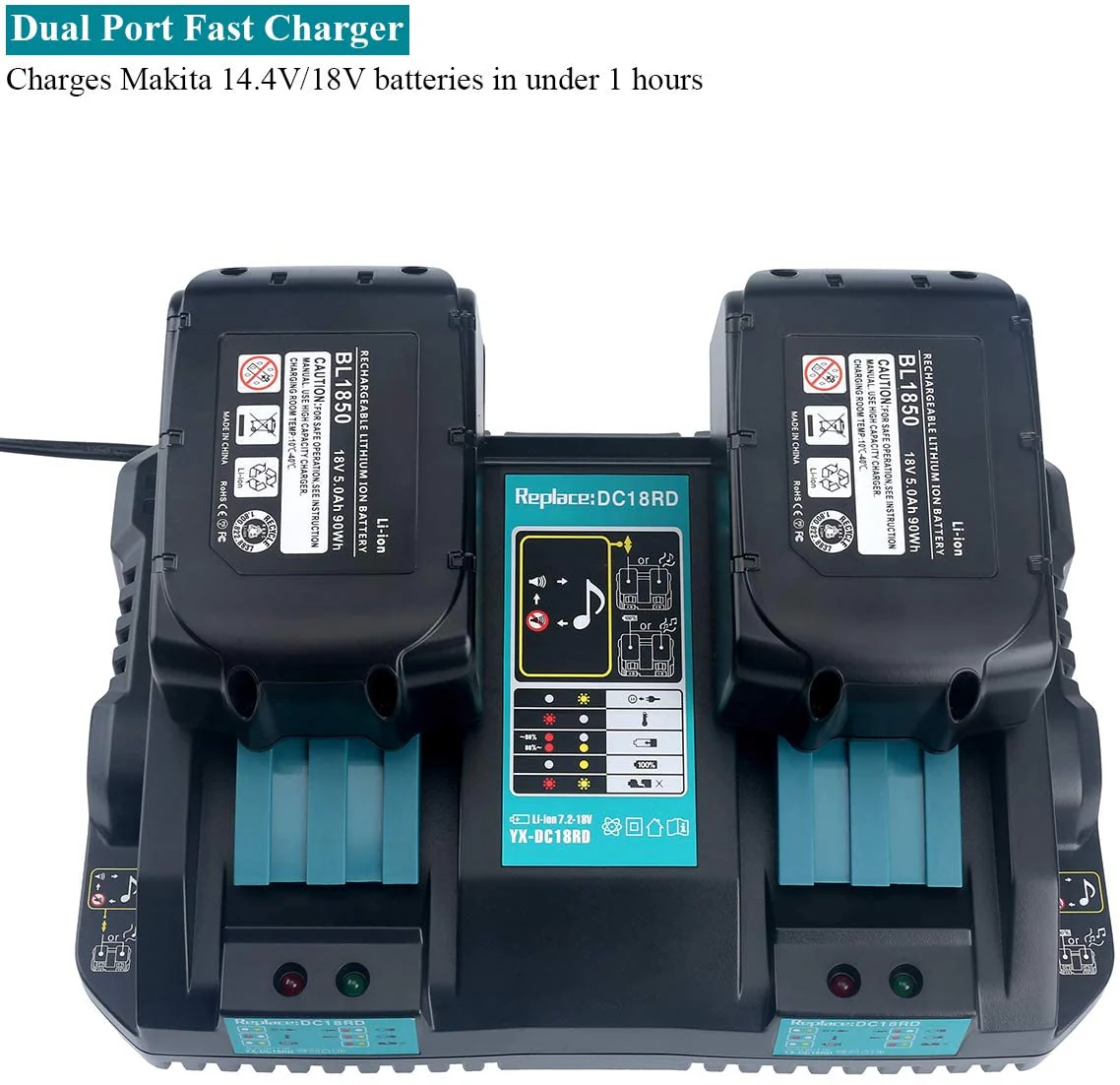 2 Pack For 18V 5Ah Makita BL1850B Battery Replacement & Dual Port Charger Starter Pack / Replacement charger for Makita 18V battery charger DC18RD Makita 18V LXT lithium-ion battery - Image 5