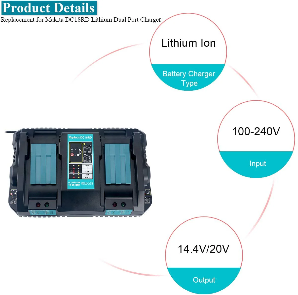 4 Pack For 18V 5Ah Makita BL1850B Battery Replacement & Dual Port Charger Starter Pack / Replacement charger for Makita 18V battery charger DC18RD - Image 3
